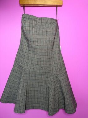 Strapless Plaid Flare Dress in Gray and Brown